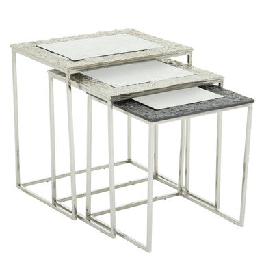 Antique Glass Top Rectangular Set of 3 Nesting Side Tables with Nickel and Gunmetal Frame | Akola