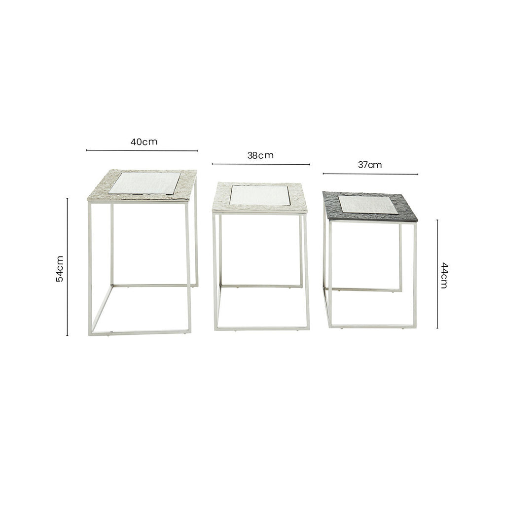 Antique Glass Top Rectangular Set of 3 Nesting Side Tables with Nickel and Gunmetal Frame | Akola