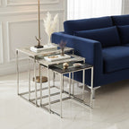 Antique Glass Top Rectangular Set of 3 Nesting Side Tables with Nickel and Gunmetal Frame | Akola