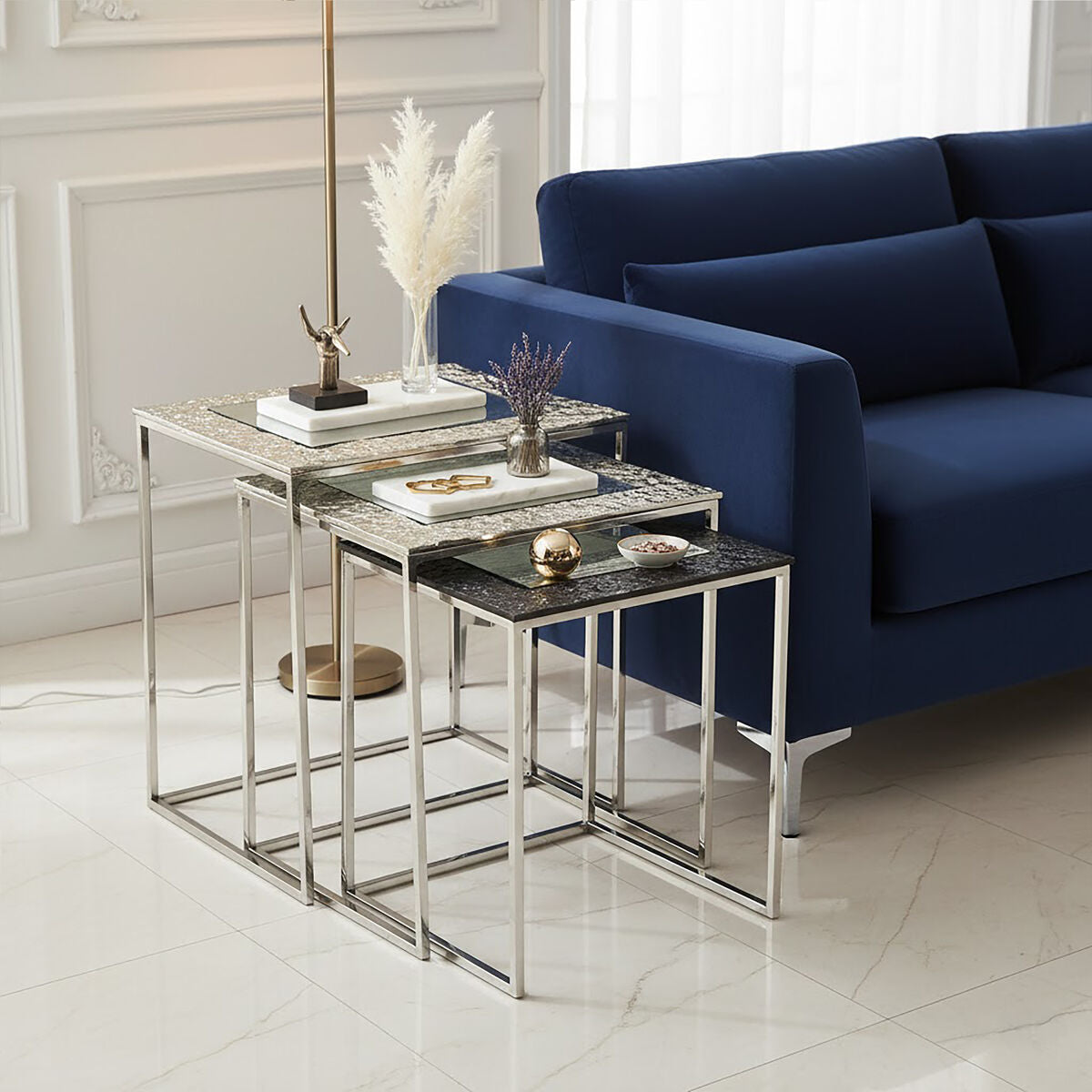 Antique Glass Top Rectangular Set of 3 Nesting Side Tables with Nickel and Gunmetal Frame | Akola