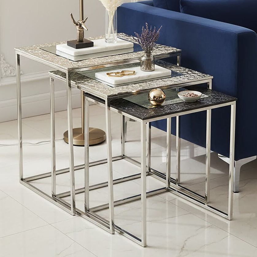 Antique Glass Top Rectangular Set of 3 Nesting Side Tables with Nickel and Gunmetal Frame | Akola