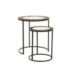 Antique Copper and Gunmetal Set of 2 Round Nesting Side Tables with Antiqued Glass Tops and Black Metal Frame | Akola