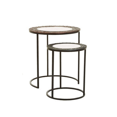 Antique Copper and Gunmetal Set of 2 Round Nesting Side Tables with Antiqued Glass Tops and Black Metal Frame | Akola