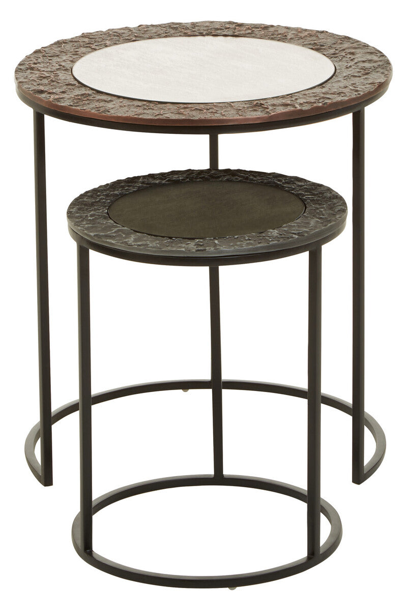 Antique Copper and Gunmetal Set of 2 Round Nesting Side Tables with Antiqued Glass Tops and Black Metal Frame | Akola