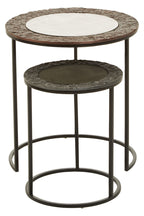 Antique Copper and Gunmetal Set of 2 Round Nesting Side Tables with Antiqued Glass Tops and Black Metal Frame | Akola