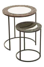 Antique Copper and Gunmetal Set of 2 Round Nesting Side Tables with Antiqued Glass Tops and Black Metal Frame | Akola