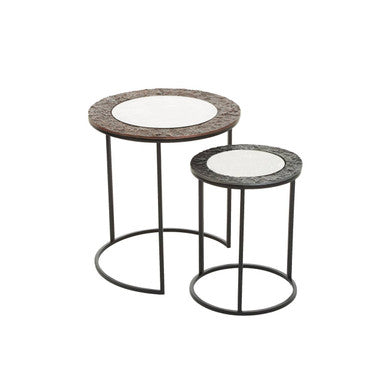Antique Copper and Gunmetal Set of 2 Round Nesting Side Tables with Antiqued Glass Tops and Black Metal Frame | Akola