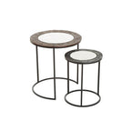 Antique Copper and Gunmetal Set of 2 Round Nesting Side Tables with Antiqued Glass Tops and Black Metal Frame | Akola