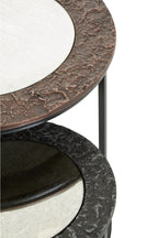 Antique Copper and Gunmetal Set of 2 Round Nesting Side Tables with Antiqued Glass Tops and Black Metal Frame | Akola