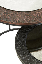 Antique Copper and Gunmetal Set of 2 Round Nesting Side Tables with Antiqued Glass Tops and Black Metal Frame | Akola