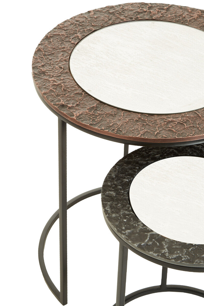 Antique Copper and Gunmetal Set of 2 Round Nesting Side Tables with Antiqued Glass Tops and Black Metal Frame | Akola