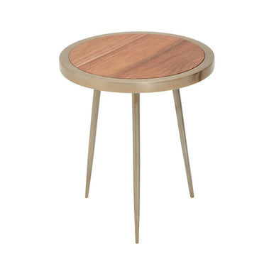 Natural Acacia Wood Small Round Side Table with Gold Aluminium Border and Legs | Almora