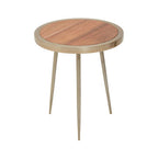 Natural Acacia Wood Small Round Side Table with Gold Aluminium Border and Legs | Almora