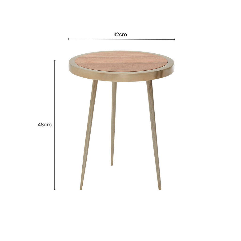 Natural Acacia Wood Small Round Side Table with Gold Aluminium Border and Legs | Almora