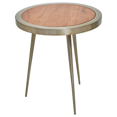 Natural Acacia Wood Round Side Table with Gold Aluminium Border and Legs | Almora