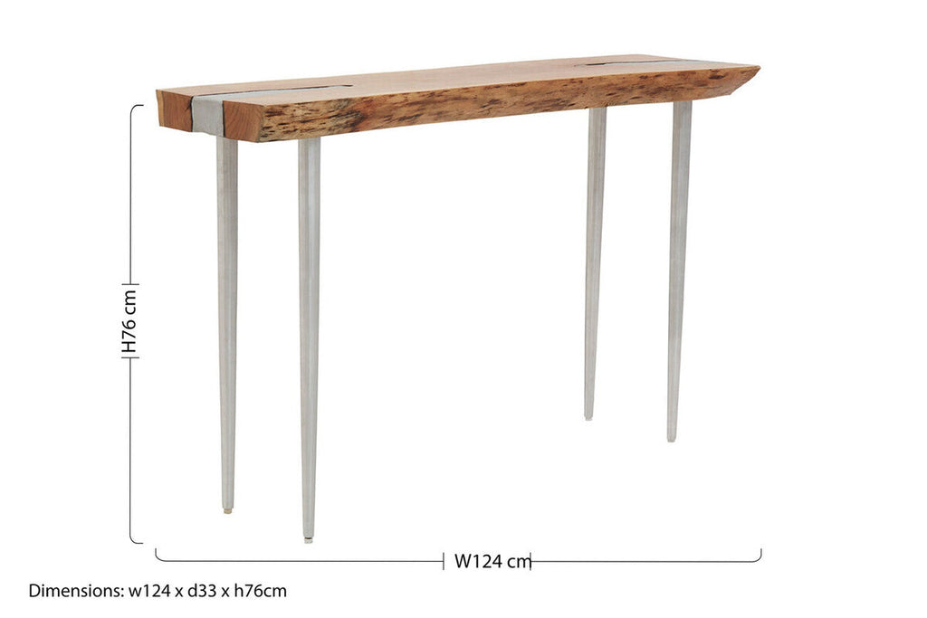 Rustic Natural Acacia Wood Console Table with Silver Aluminium Inlay Frame | Almora