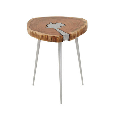 Natural Acacia Wood Slice Side Table with Silver Metallic Centre and Aluminium Legs | Almora