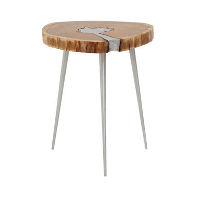 Natural Acacia Wood Slice Side Table with Silver Metallic Centre and Aluminium Legs | Almora