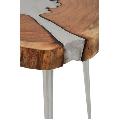 Natural Acacia Wood Slice Side Table with Silver Metallic Centre and Aluminium Legs | Almora