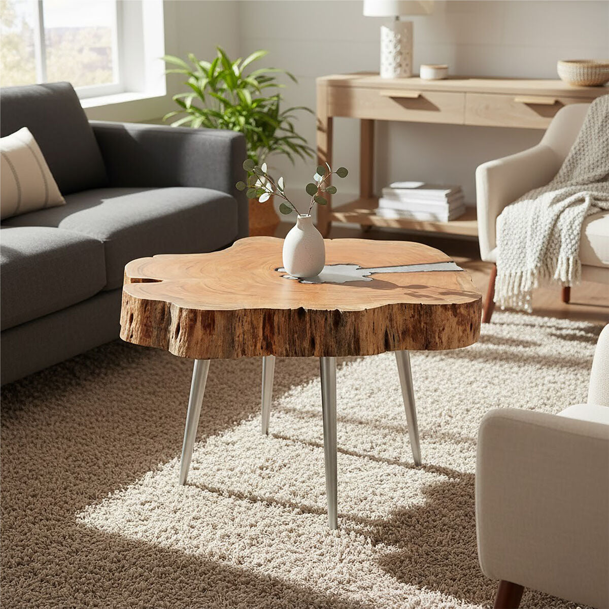 Natural Acacia Wood Log Slice Coffee Table with Silver Centre Detail and Aluminium Splayed Legs | Almora