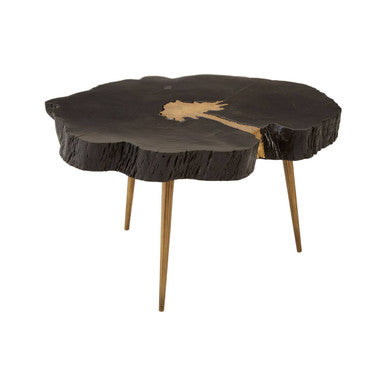 Black Acacia Wood Slice Side Table with Gold Metallic Centre and Aluminium Legs | Asamra
