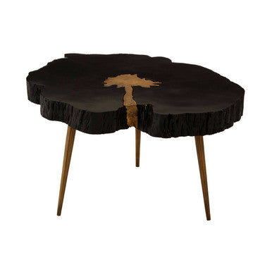Black Acacia Wood Slice Side Table with Gold Metallic Centre and Aluminium Legs | Asamra