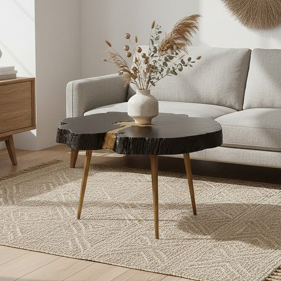 Black Acacia Wood Slice Side Table with Gold Metallic Centre and Aluminium Legs | Asamra