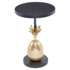 Black Iron Side Table with Antique Brass Pineapple Base, Boho