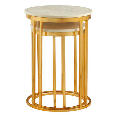 Set of 2 Round White Marble Tops Side Tables with Rich Gold Metal Frame | Templar