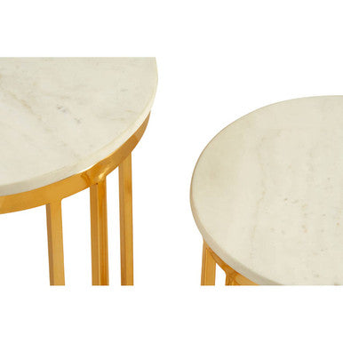 Set of 2 Round White Marble Tops Side Tables with Rich Gold Metal Frame | Templar