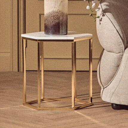 White Marble Tops Hexagonal Side Tables with Gold Finish Metal Frame | Templar