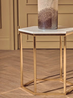 White Marble Tops Hexagonal Side Tables with Gold Finish Metal Frame | Templar