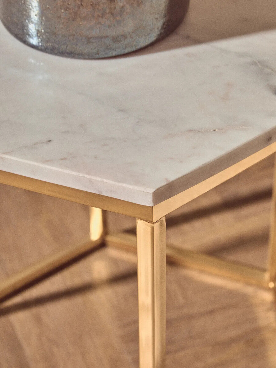 White Marble Tops Hexagonal Side Tables with Gold Finish Metal Frame | Templar