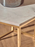 White Marble Tops Hexagonal Side Tables with Gold Finish Metal Frame | Templar