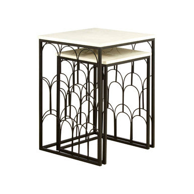 White Marble Top Side Tables with Black Metal Base and Art Deco Pattern | Templar