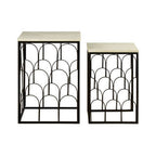 White Marble Top Side Tables with Black Metal Base and Art Deco Pattern | Templar