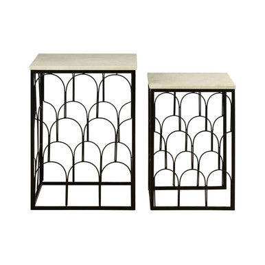 White Marble Top Side Tables with Black Metal Base and Art Deco Pattern | Templar