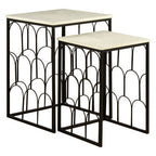 White Marble Top Side Tables with Black Metal Base and Art Deco Pattern | Templar