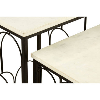 White Marble Top Side Tables with Black Metal Base and Art Deco Pattern | Templar