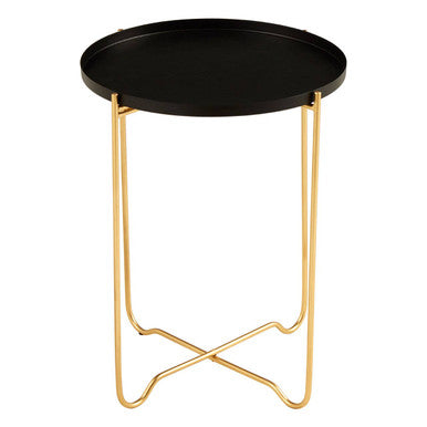 Black Finish Round Top Side Table with Gold Metal Frame and Cross Sledge Base | Templar