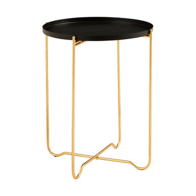 Black Finish Round Top Side Table with Gold Metal Frame and Cross Sledge Base | Templar