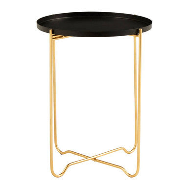 Black Finish Round Top Side Table with Gold Metal Frame and Cross Sledge Base | Templar