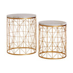 Set of 2 White Marble Top Round Side Tables with Gold Geometric Open Frame Bases | Avantis