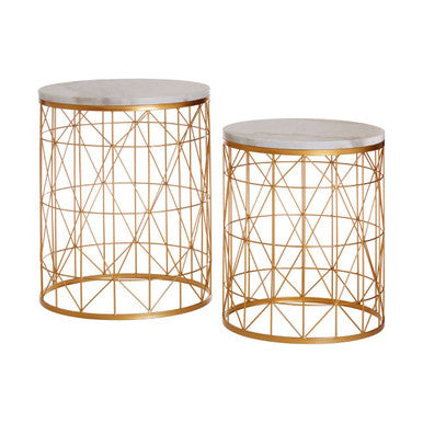 Set of 2 White Marble Top Round Side Tables with Gold Geometric Open Frame Bases | Avantis