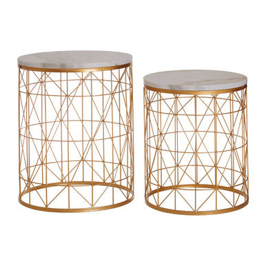 Set of 2 White Marble Top Round Side Tables with Gold Geometric Open Frame Bases | Avantis