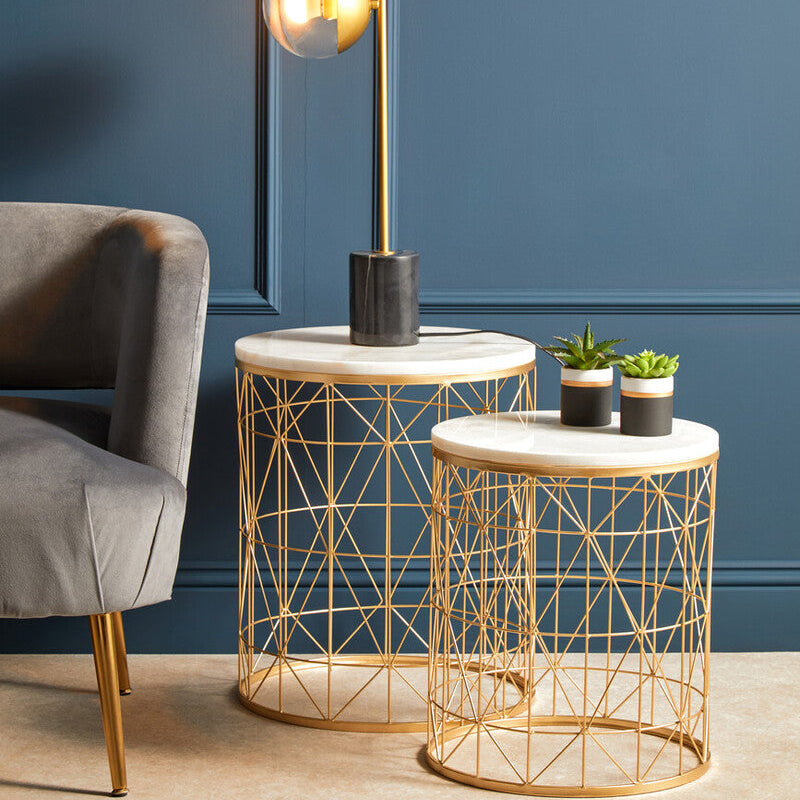 Set of 2 White Marble Top Round Side Tables with Gold Geometric Open Frame Bases | Avantis