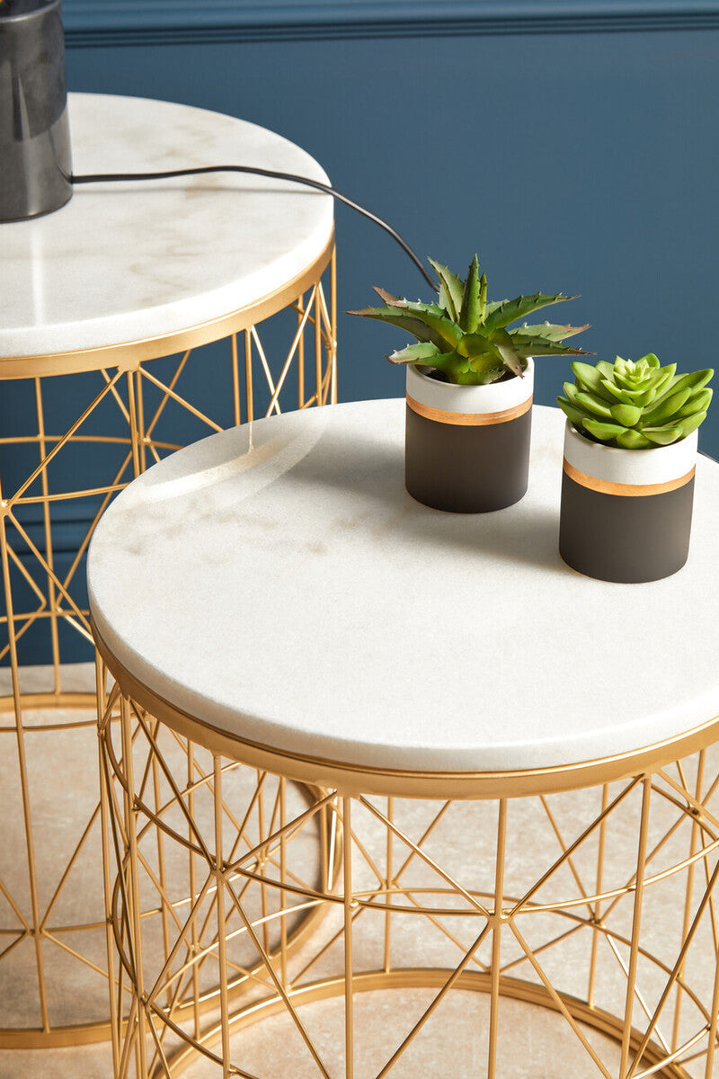 Set of 2 White Marble Top Round Side Tables with Gold Geometric Open Frame Bases | Avantis