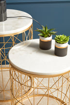 Set of 2 White Marble Top Round Side Tables with Gold Geometric Open Frame Bases | Avantis