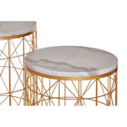 Set of 2 White Marble Top Round Side Tables with Gold Geometric Open Frame Bases | Avantis