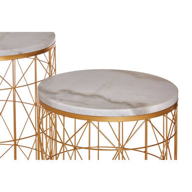 Set of 2 White Marble Top Round Side Tables with Gold Geometric Open Frame Bases | Avantis